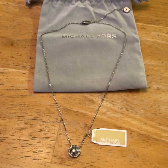 Michael Kors Silver Tone Stainless Steel Round MK Logo Pendant Necklace NWT - Picture 1 of 12